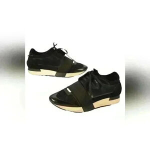 BALENCIAGA Black Leather Nylon Neoprene Race Runner  Sneaker 38EU 8US Italy